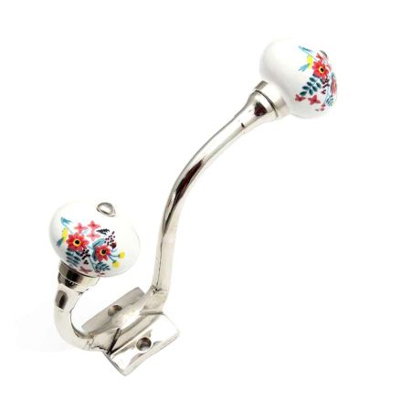 White Floral Leafy Painted Silver Iron Hook